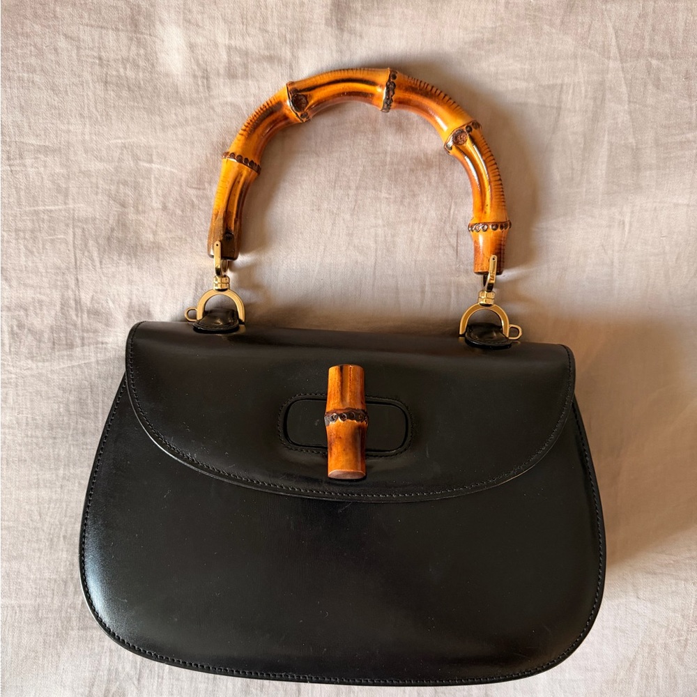 Black Leather Bag with Bamboo Handle